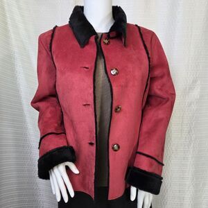 Keren Hart Microsuede Jacket Red Patchwork Women's S Soft Black Faux Fur Lining